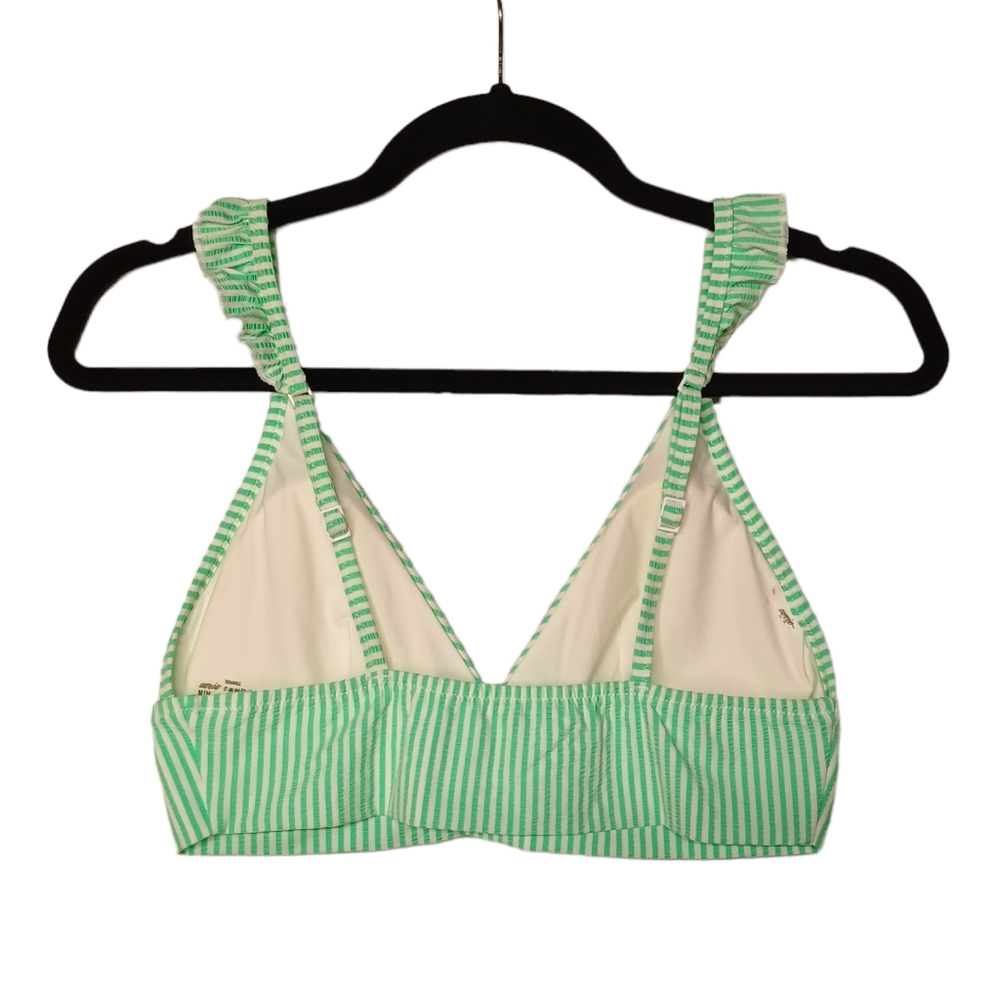 AERIE Bright Green White Thin Stripe Print Ruffle Triangle Bikini Top Medium - Picture 2 of 8